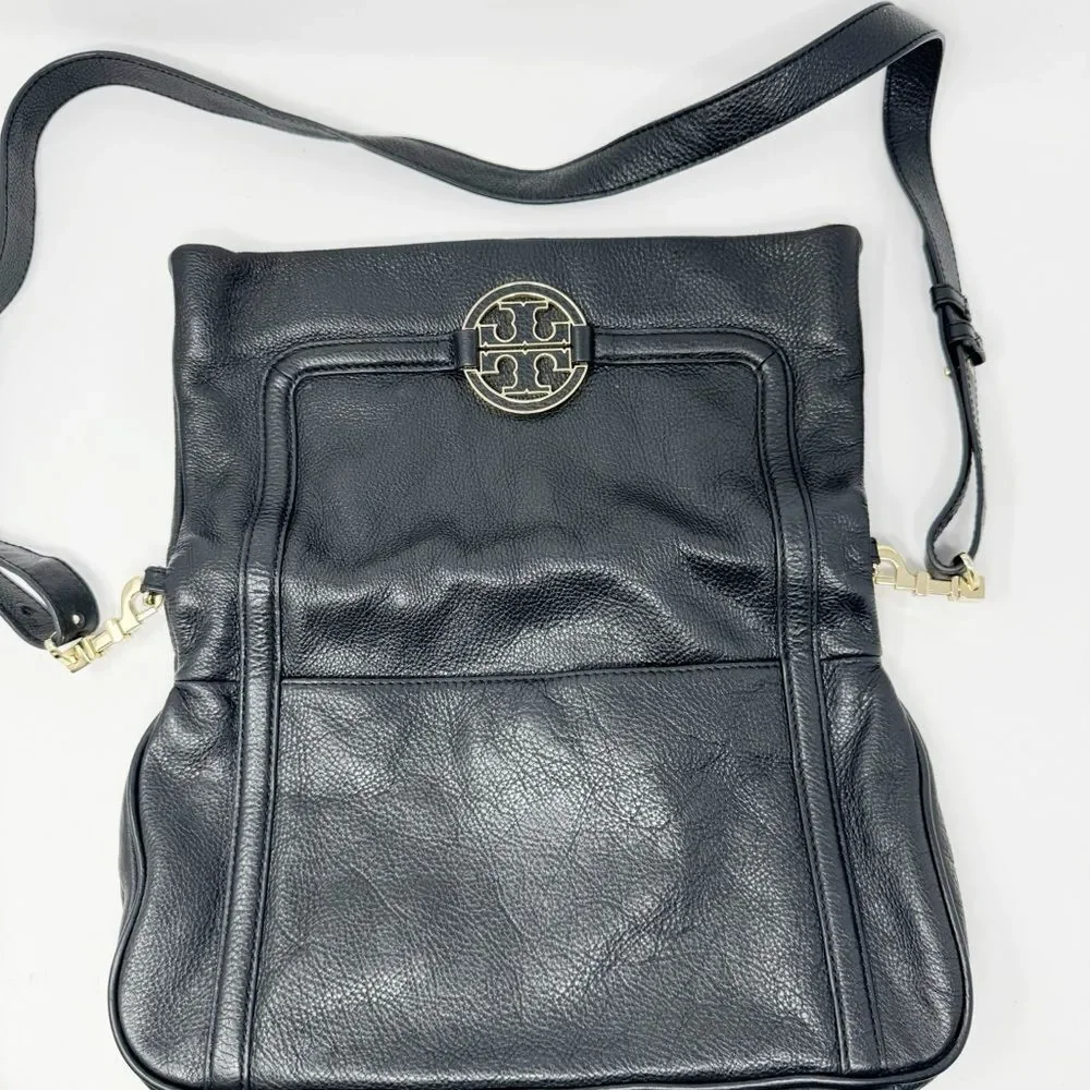 TORY BURCH | Amanda Leather Black & Gold Foldover Adjustable Crossbody Purse Bag